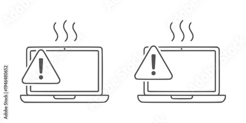 Two laptops overheating with warning signs and steam computer alert error