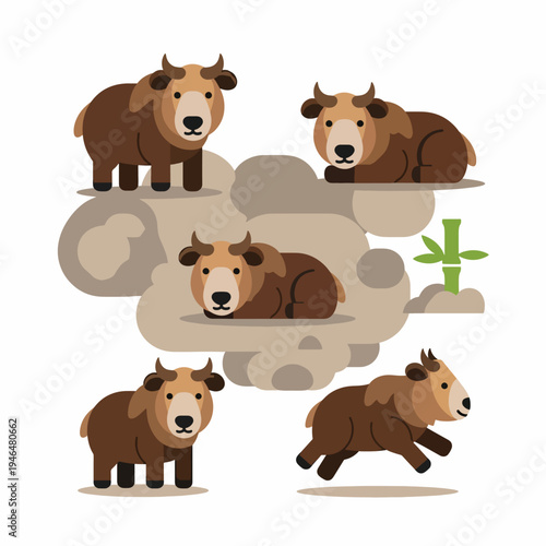 Cartoon Golden Takin Group Isolated on White Background
