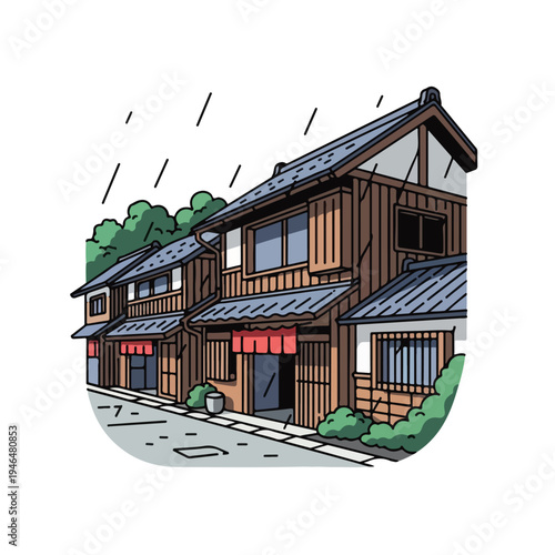 A two-story brown building with gray roof and red awnings