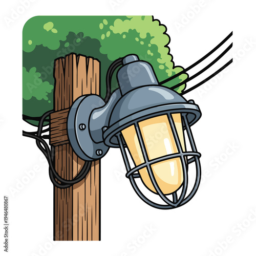 A street light on a wooden pole