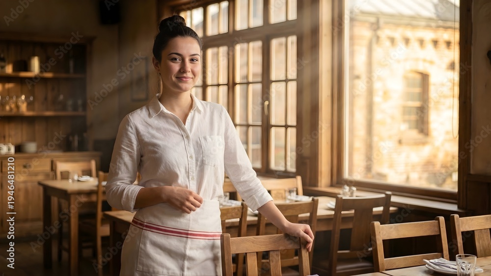 Fototapeta premium Smiling female restaurant owner or waitress in white uniform standing in a rustic cafe interior