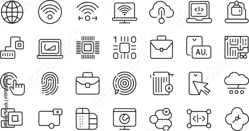 Collection of modern technology and business icons representing digital concepts