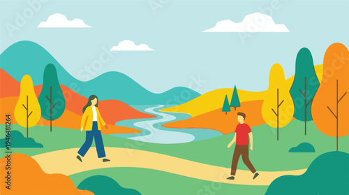 Flat design illustration of a man and woman walking in an autumn park