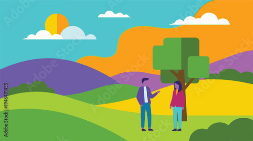 Flat design illustration of a couple talking in a vibrant outdoor landscape
