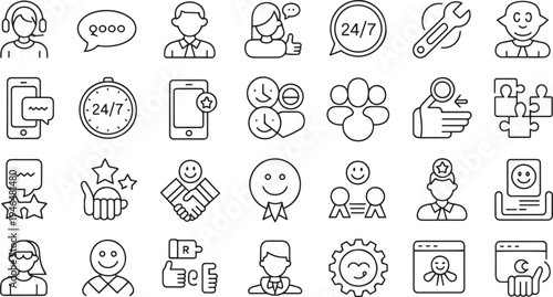 Collection of outline icons representing customer support and service concepts