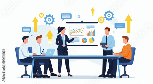 Teamwork and Business Presentation vector illustration Successful corporate meeting with growth charts and gears
