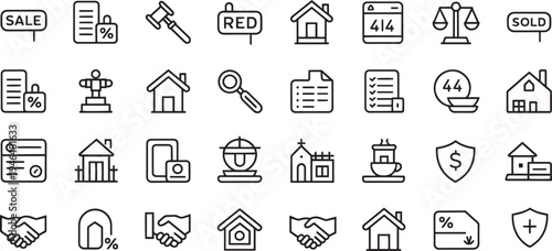 Collection of real estate and financial icons isolated on transparent background