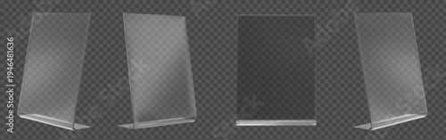 3d set transparent acrylic stand for booklets, business cards, advertising. Glass accessory for presentations. Stock vector illustration on isolated background.