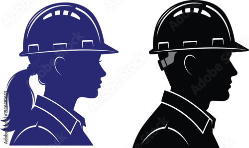 Female and male construction worker silhouettes wearing safety helmets, engineer profile vector, industrial labor team icon isolated illustration design