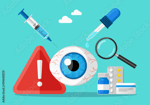 Medical research and eye care vector illustration with instruments for examination and treatment