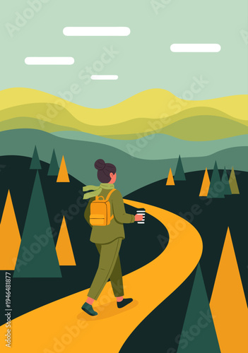 Scenic Nature Landscape with Woman Walking on Path in Geometric Vector Illustration
