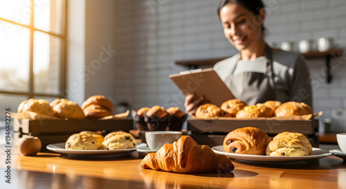 A female staff member holding a clipboard while standing behind a counter filled with various baked goods in a bright bakery