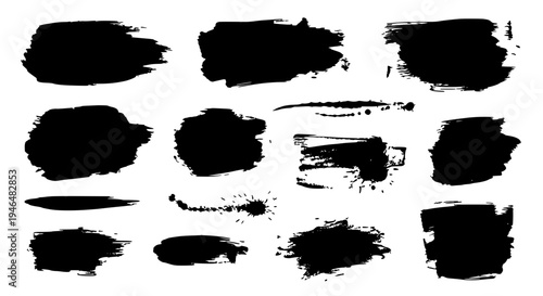 Brushstrokes black grunge set with rough textured strokes and smudges, abstract artistic elements featuring brush,
