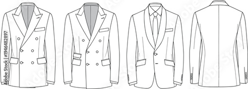 Men’s blazer cad flat vector illustration showing double-breasted and single-breasted suit jackets front and back technical fashion sketch.