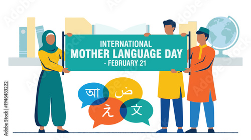 International Mother Language Day illustration with diverse people and symbols