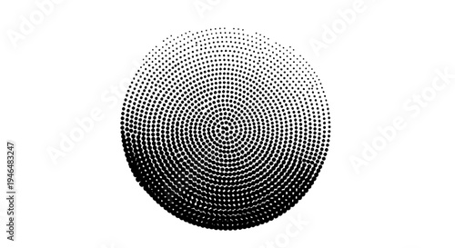 Sphere halftone gradient with black and white dots swirling in circular pattern featuring illustration, graphic, design