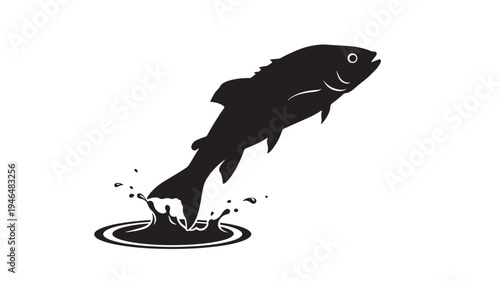 Fish leaping from water with a splash in a minimalist black silhouette illustration against a white background.