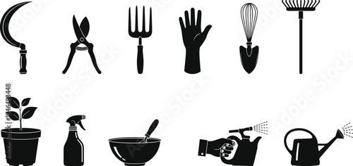 Gardening tools silhouettes set including rake scissors fork gloves spray bottle watering can plant pot vector illustration isolated collection