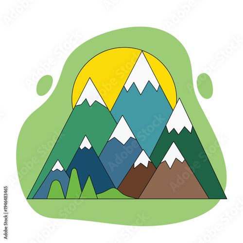 Minimalist Mountain Range with Sun Cartoon