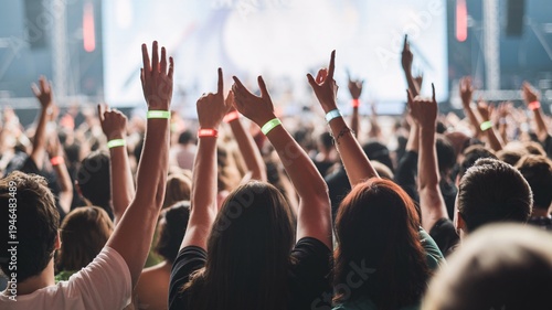 Concert crowd with raised hands and glow bracelets at music festival event with stage in background  people enjoying live music performance