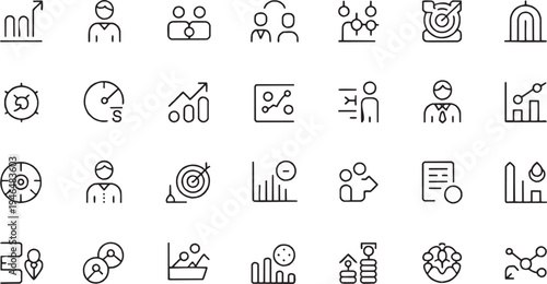 Business analytics icon set. Contain icons related to data analysis, performance report, statistics chart, KPI tracking, company growth and more. Editable stroke. Vector Illustration.