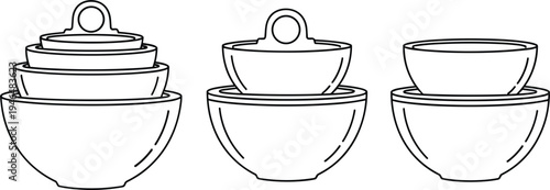 Kitchen Bowls Set Outline Illustration Stackable Food Serving Bowls with Lids Line Art Cookware Collection for Kitchenware and Dining Design