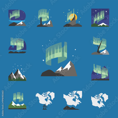 Set of Aurora Borealis and Continent Illustrations