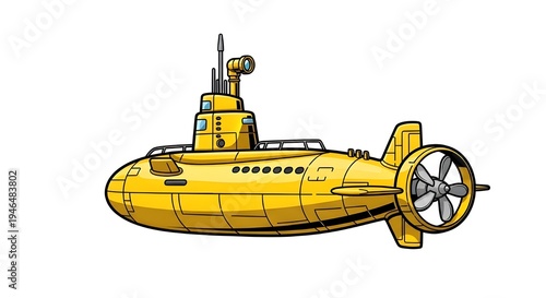 Sleek yellow submarine illustration with a periscope and large propeller. Cartoon style deep sea exploration vessel isolated on white for Submarine Day designs.