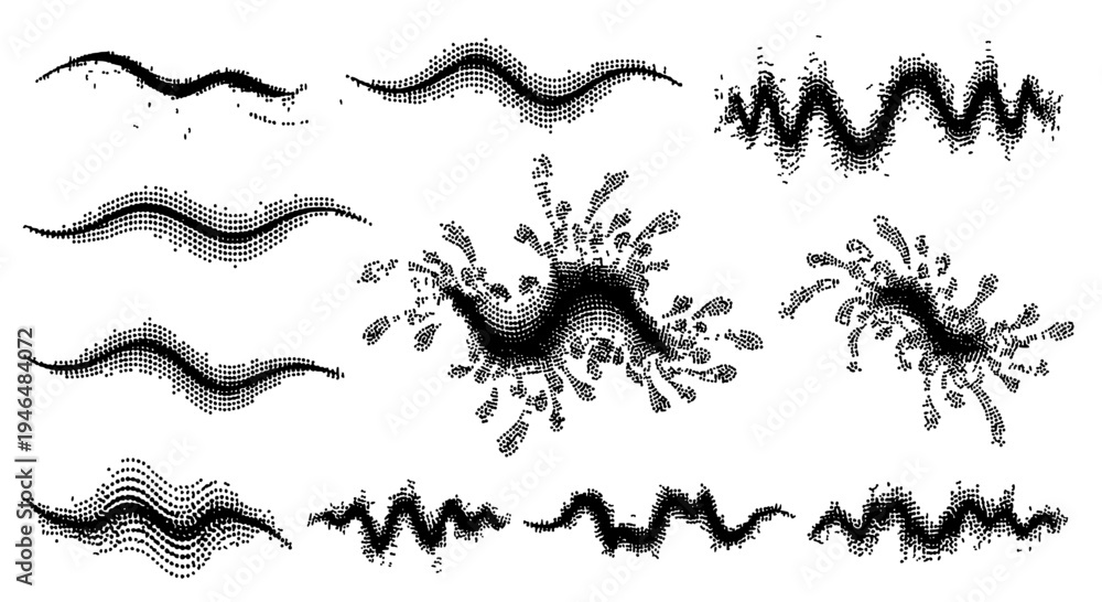 Obraz premium Waves and splashes set with black dotted lines and particles on white background featuring wave, splash, graphic with