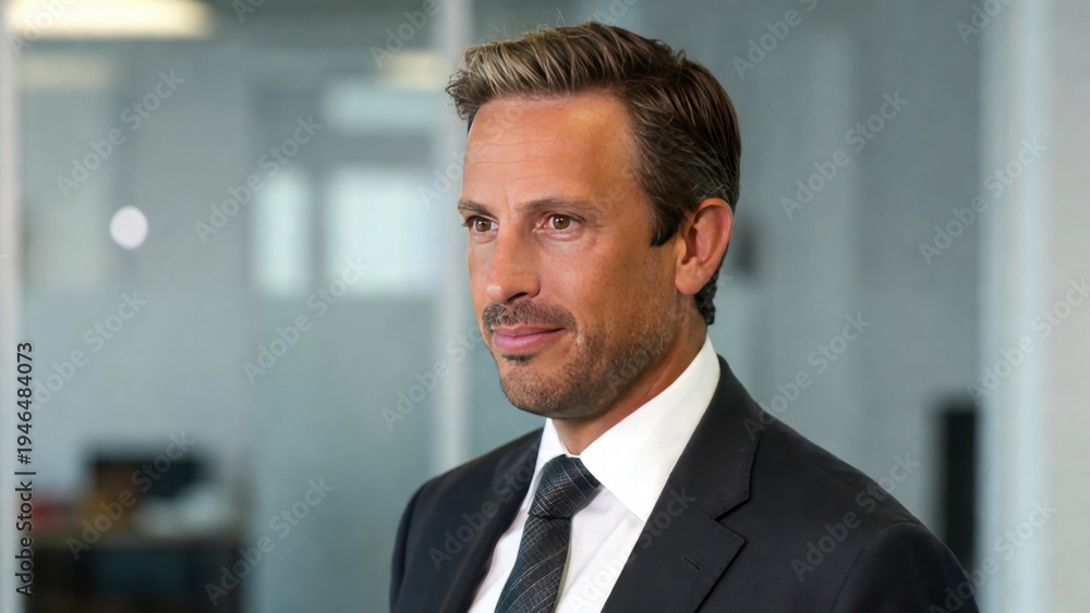 Fototapeta premium Confident caucasian male adult in business suit in office setting.