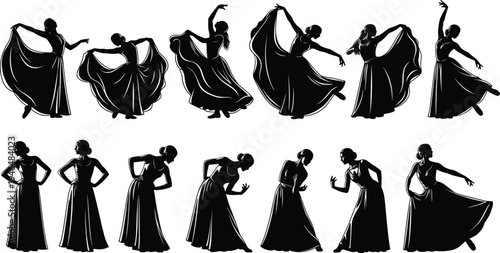 Elegant Female Dancer Silhouettes Set in Flowing Dresses and Graceful Poses for Flamenco Ballet and Classical Dance Performance Vector Illustration