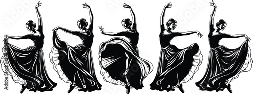 Graceful Female Ballet Dancers in Flowing Long Skirts Vector Silhouettes Set for Classical Dance Performance Artistic Design and Creative Illustration