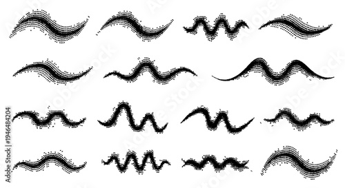 Waves dotwork set with black curved lines and dotted textures, abstract design elements. featuring graphic resources,