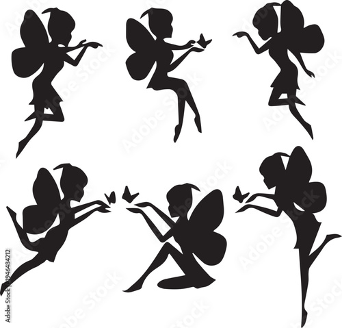 Silhouette illustrations of six fairies dancing with butterflies