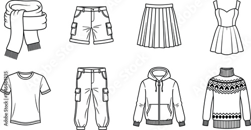 Set of casual clothing icons and seasonal apparel sketches, fashion garment outlines, textile collection, CAD drawing flat vector illustration, design