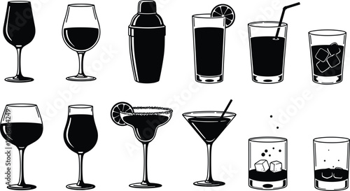 Black and white vector illustration of cocktail glasses, wine glasses, whiskey tumblers, drink shaker, bar drinks, alcohol beverage icons, silhouette style
