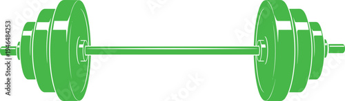 Green barbell weightlifting equipment vector illustration, gym fitness training bar with plates, strength workout bodybuilding icon isolated design