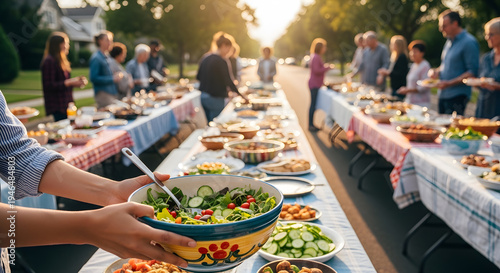People gathering along a very long table filled with salads and different dishes during a neighborhood block party in a sunny residential street