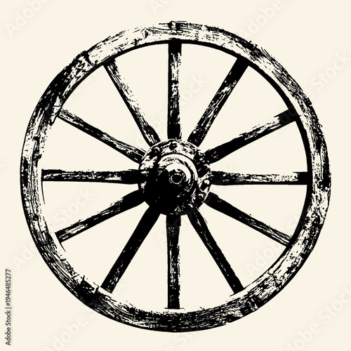 Rustic Wooden Wagon Wheel Grunge Vintage Engraving Illustration