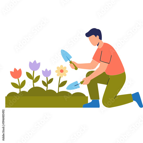 Man gardening outdoors with flowers and tools in a sunny environment