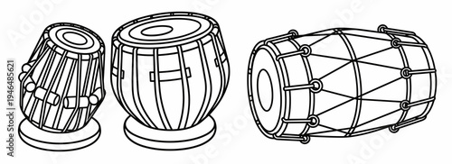 Indian traditional percussion musical instruments set, outline vector illustration of tabla and dholak drums isolated on white.