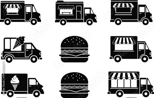 Set of Food Truck Icons Featuring Ice Cream Vans Burger Trucks and Mobile Canteens in Black Silhouette Style for Street Food