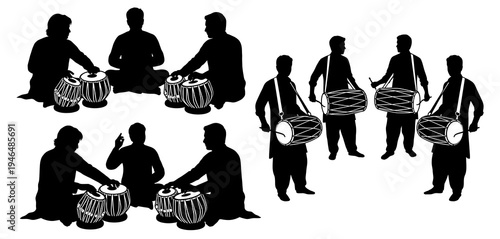 Group of indian men playing traditional music instruments silhouette vector set featuring male musicians performing with tabla sitting and dholak standing for cultural celebration.