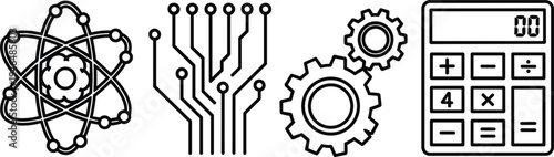 Science and Technology Outline Icons Set Featuring Atom, Circuit Board, Gear Mechanism and Calculator Symbols for Engineering, Physics and Digital Innovation Design