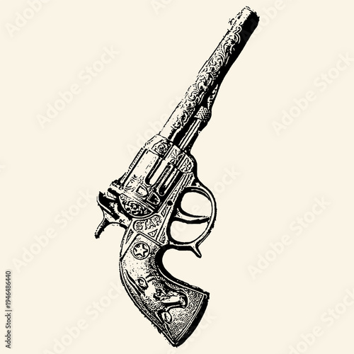 Ornate Western Revolver Engraved Vintage Illustration