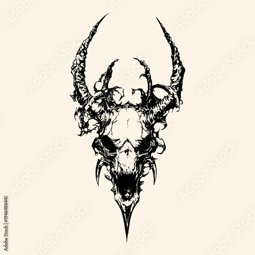 Demon Horned Skull Dark Gothic Vintage Sketch Illustration