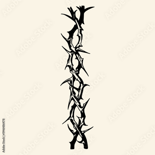 Twisted Thorn Branch Vertical Gothic Vintage Sketch Illustration