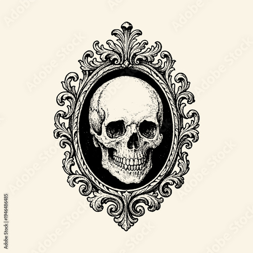 Human Skull Baroque Ornate Frame Vintage Engraving Illustration