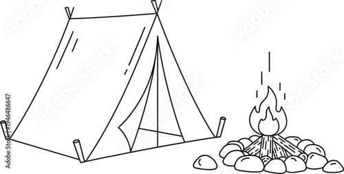 Line art illustration depicting a classic outdoor camping scene with a cozy tent and a warm glowing campfire for adventure.