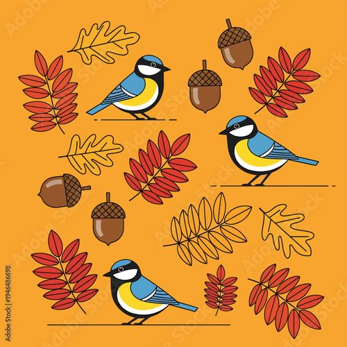 Autumn Composition With Birds Leaves and Acorns